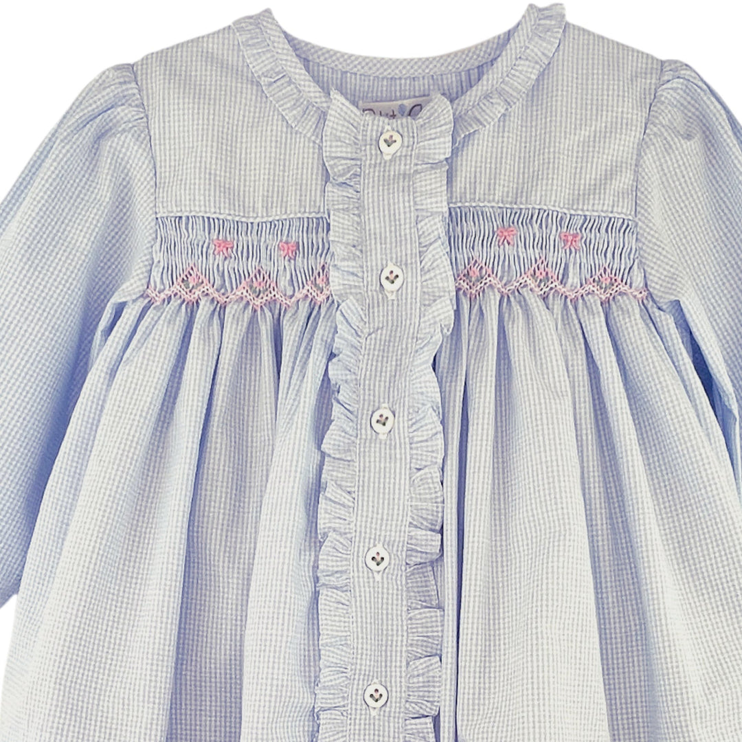 That Store girls blue gingham pant set featuring pink smocked bows and a ruffled button-down front.