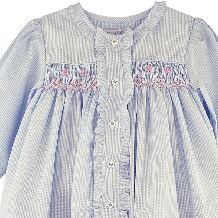 That Store girls blue gingham pant set featuring pink smocked bows and a ruffled button-down front.