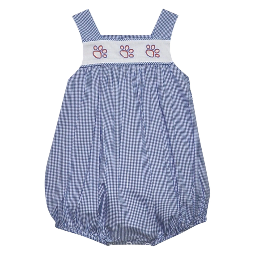 That Store blue gingham bubble romper featuring embroidered tiger paw details on a white chest panel for toddlers.