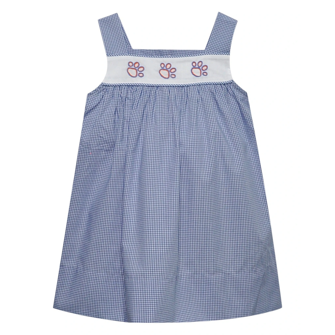 That Store blue gingham dress by Southern Sunday featuring embroidered tiger paw details on a white bodice