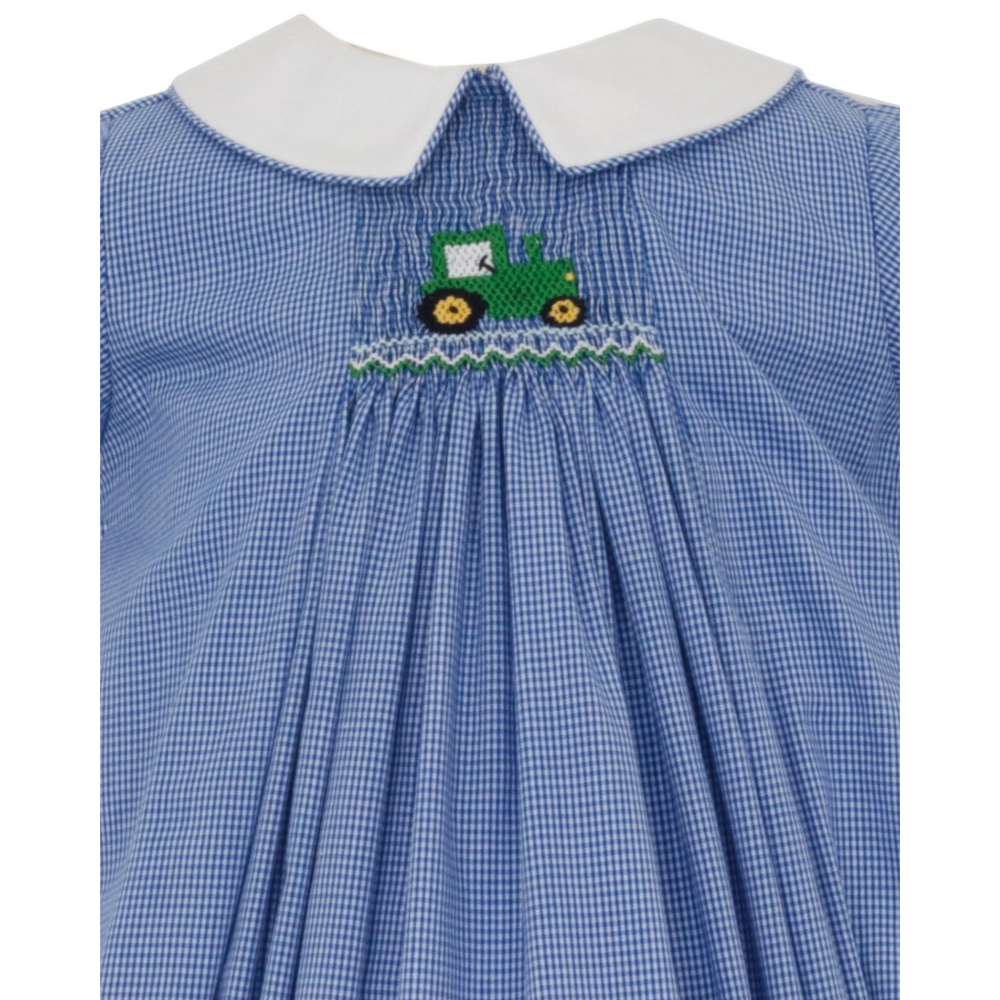 That Store boys blue gingham bubble with white peter pan collar and embroidered green tractor smocking detail