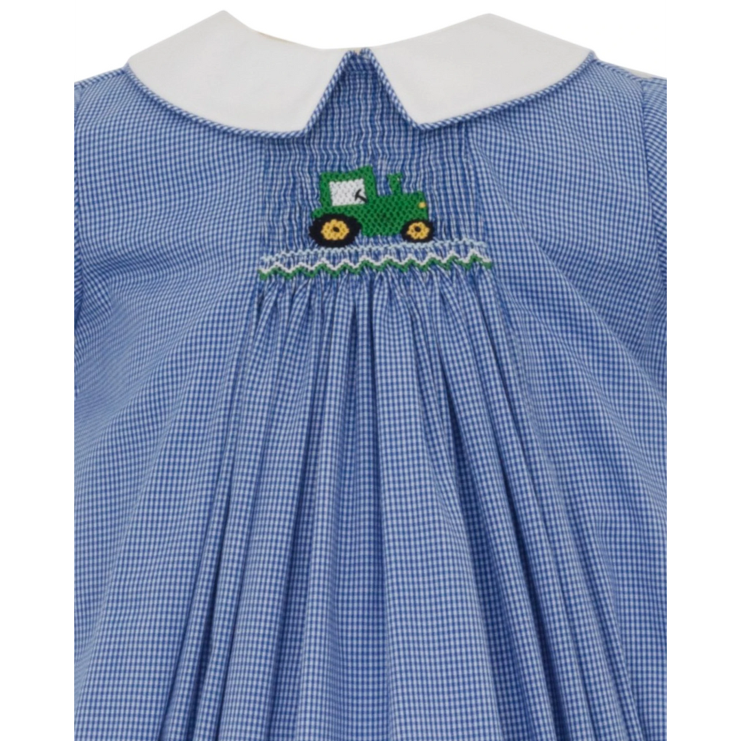 That Store boys blue gingham bubble with white peter pan collar and embroidered green tractor smocking detail