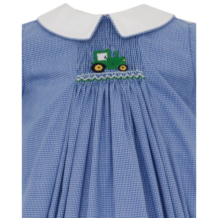 That Store boys blue gingham bubble with white peter pan collar and embroidered green tractor smocking detail