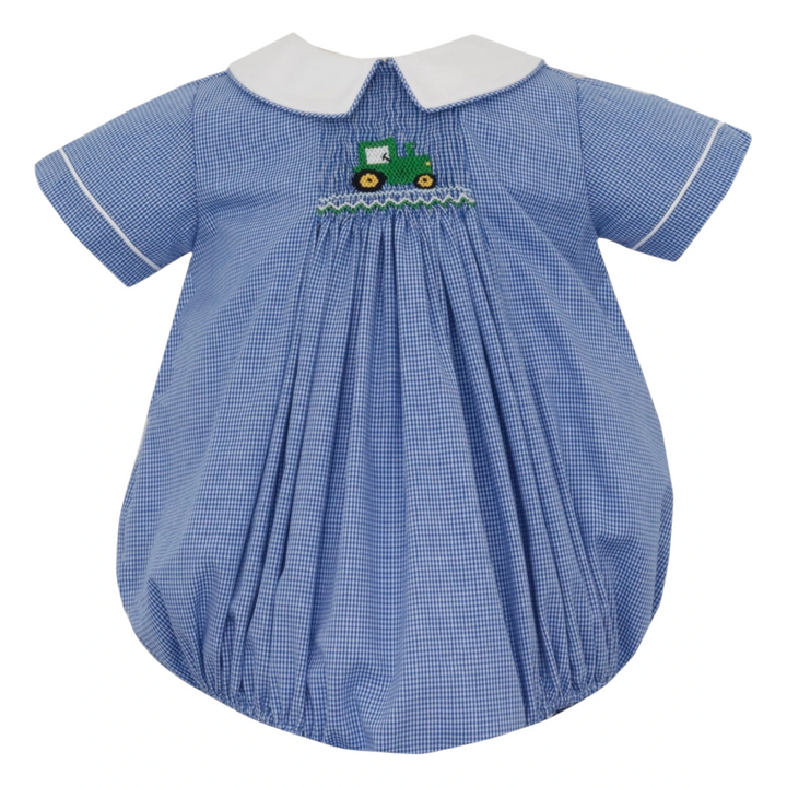 That Store boys blue gingham bubble with white collar and smocked green tractor motif in cotton blend fabric