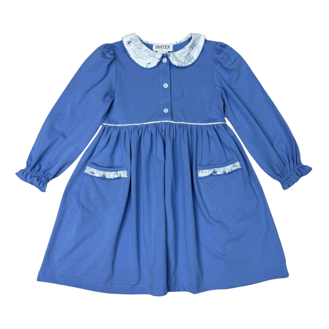 That Store blue cotton blend girls dress with long sleeves, white peter pan collar, and front pockets.