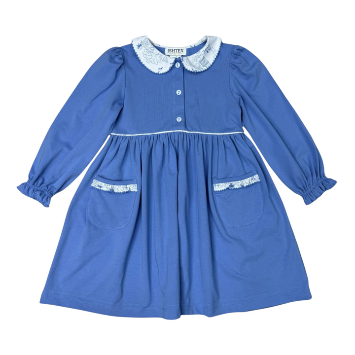 That Store blue cotton blend girls dress with long sleeves, white peter pan collar, and front pockets.