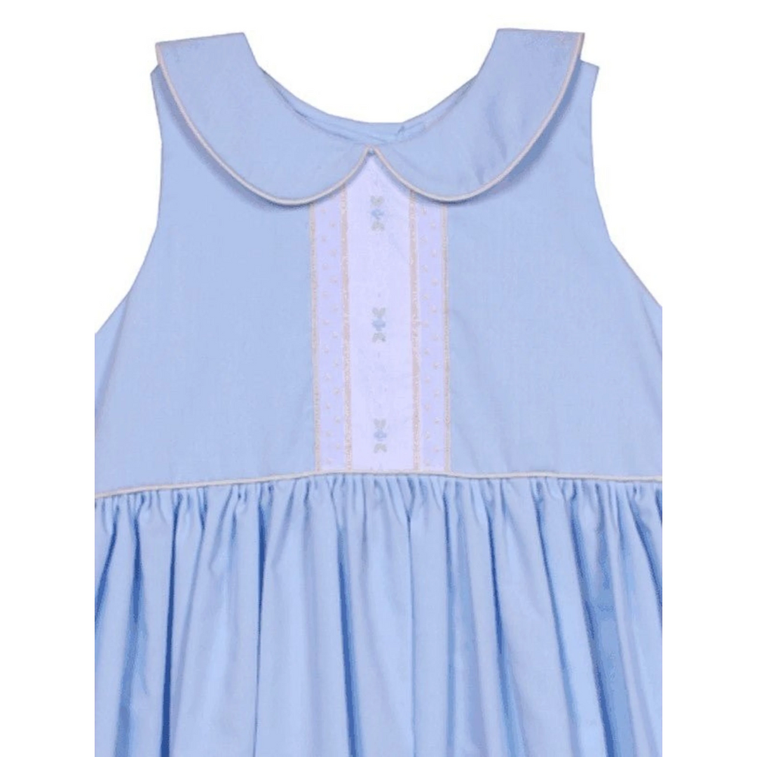 That Store LaJenns blue sleeveless heirloom dress with embroidered floral panel, polka dot lace, and peter pan collar.