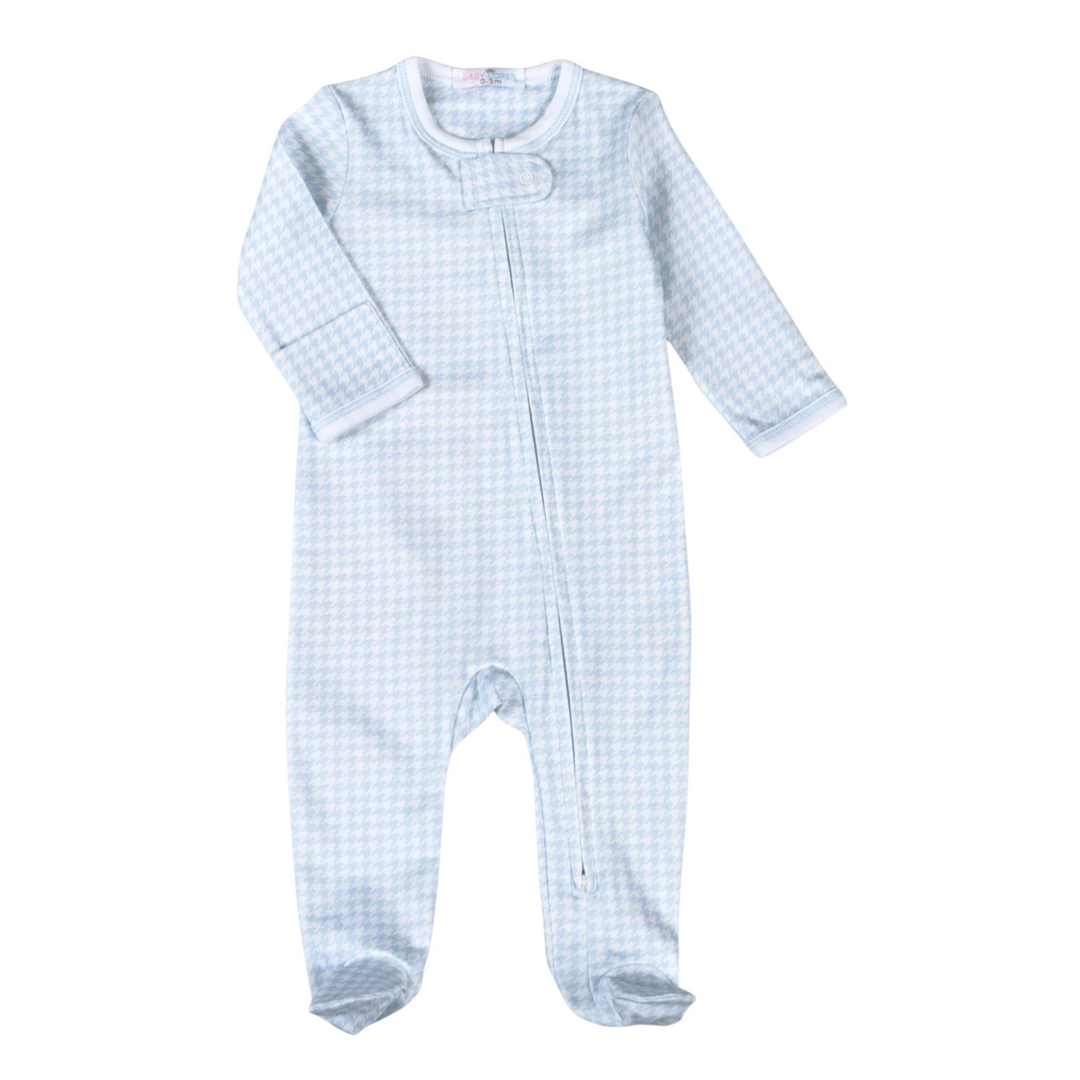 That Store blue houndstooth Pima cotton baby footie with a convenient front zipper for easy dressing.