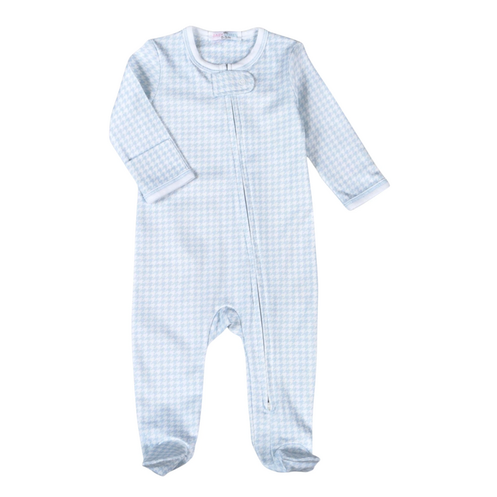 That Store blue houndstooth Pima cotton baby footie with a convenient front zipper for easy dressing.