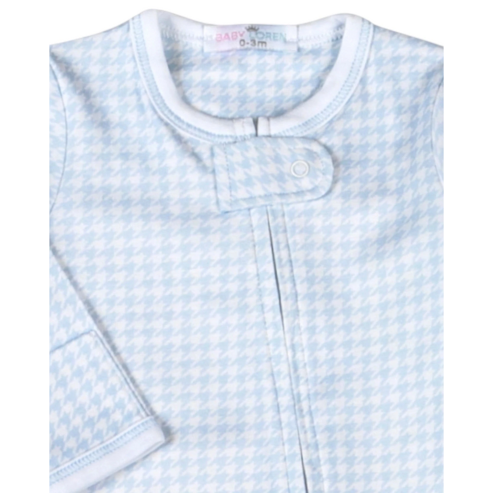 That Store blue houndstooth Pima cotton baby footie with a convenient front zipper closure and soft ribbed neckline.