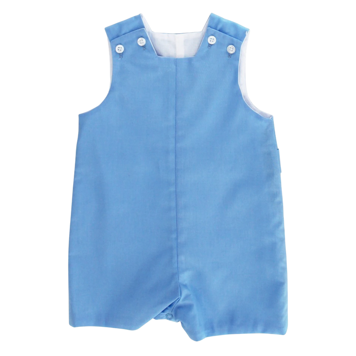 That Store pastel blue polycotton John John short with button-tab shoulders and white lining for toddlers.