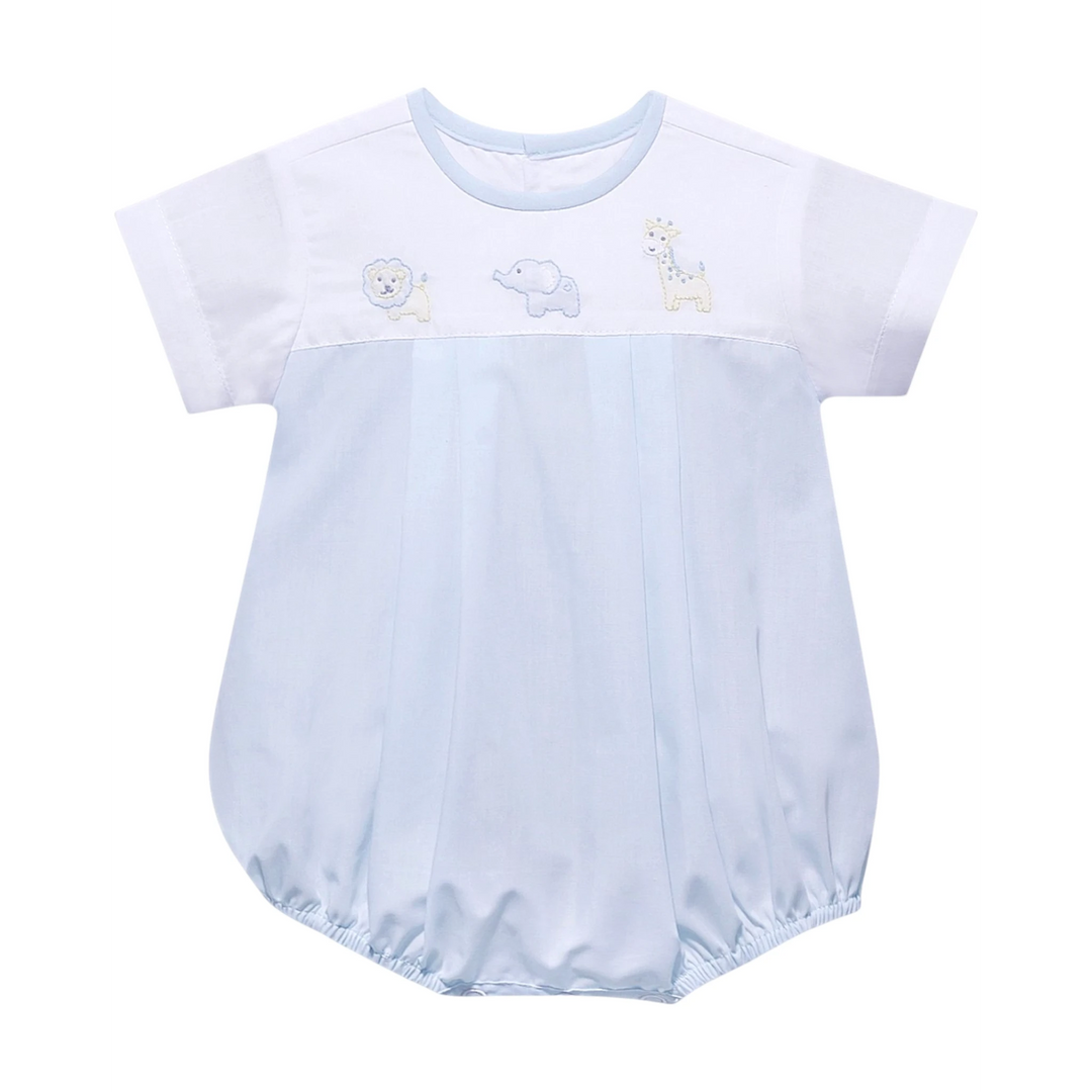 That Store baby bubble in light blue and white with embroidered lion, elephant, and giraffe jungle animal motifs.