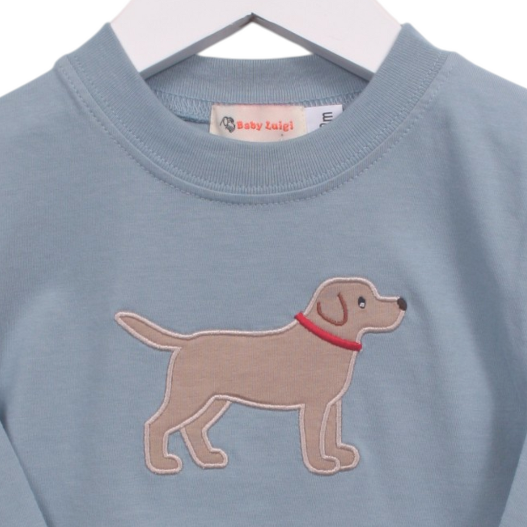 That Store blue boys cotton t-shirt featuring a cute beige Labrador dog applique with a red collar
