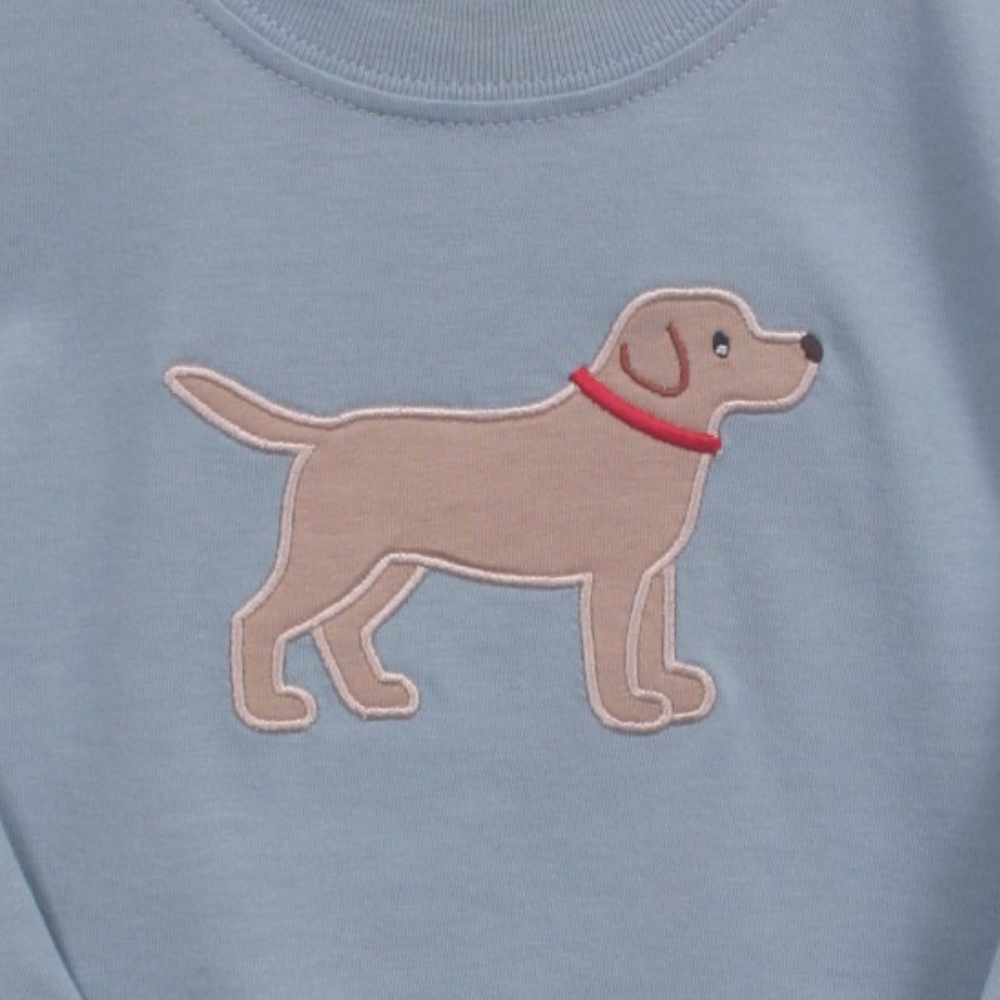 That Store boys blue cotton t-shirt featuring a cute tan labrador dog applique with a red collar