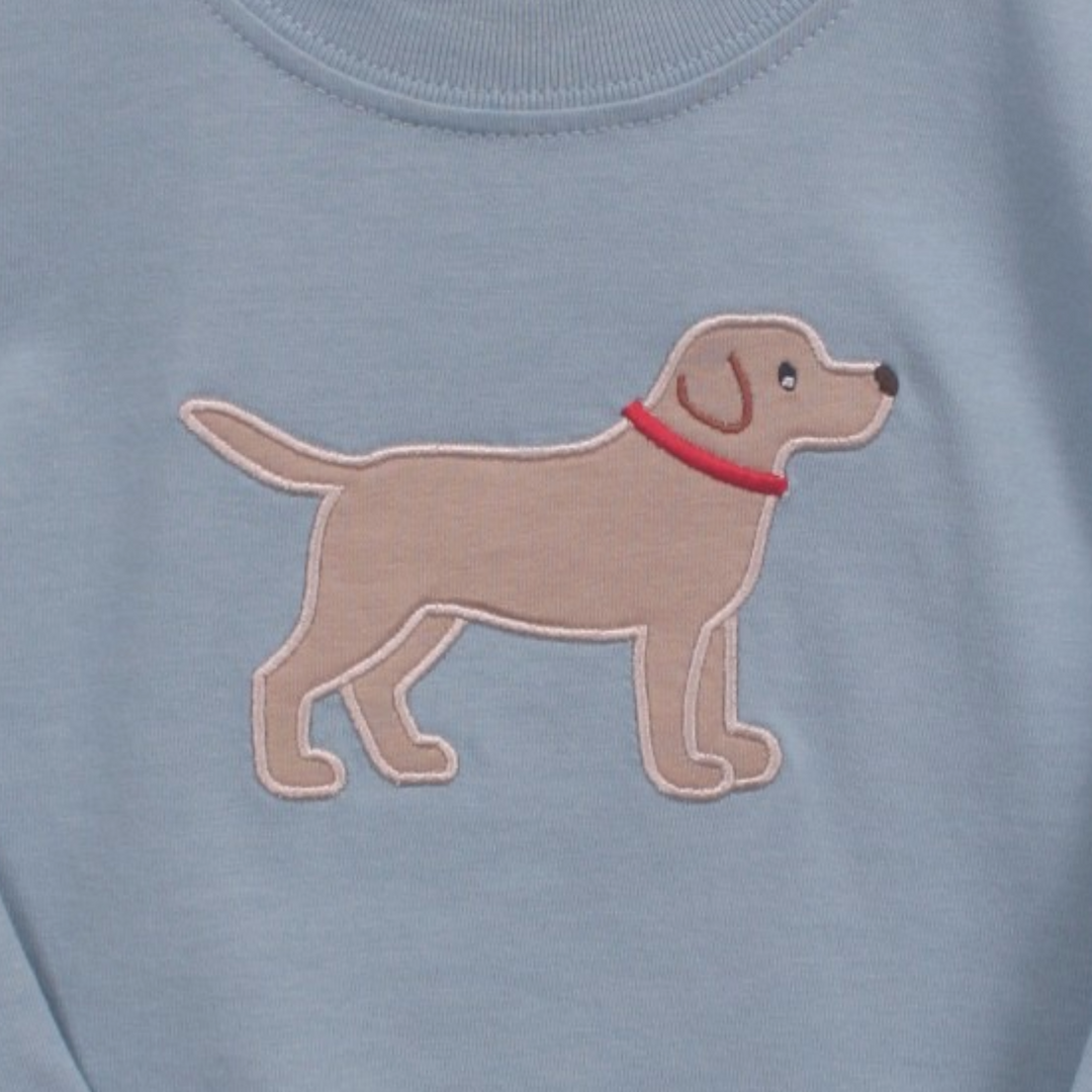 That Store boys blue cotton t-shirt featuring a cute tan labrador dog applique with a red collar