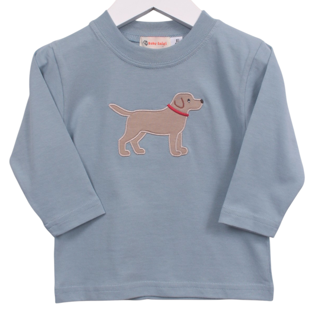 That Store blue long-sleeve boys tee featuring a cute tan labrador dog applique with a red collar, 100% cotton.
