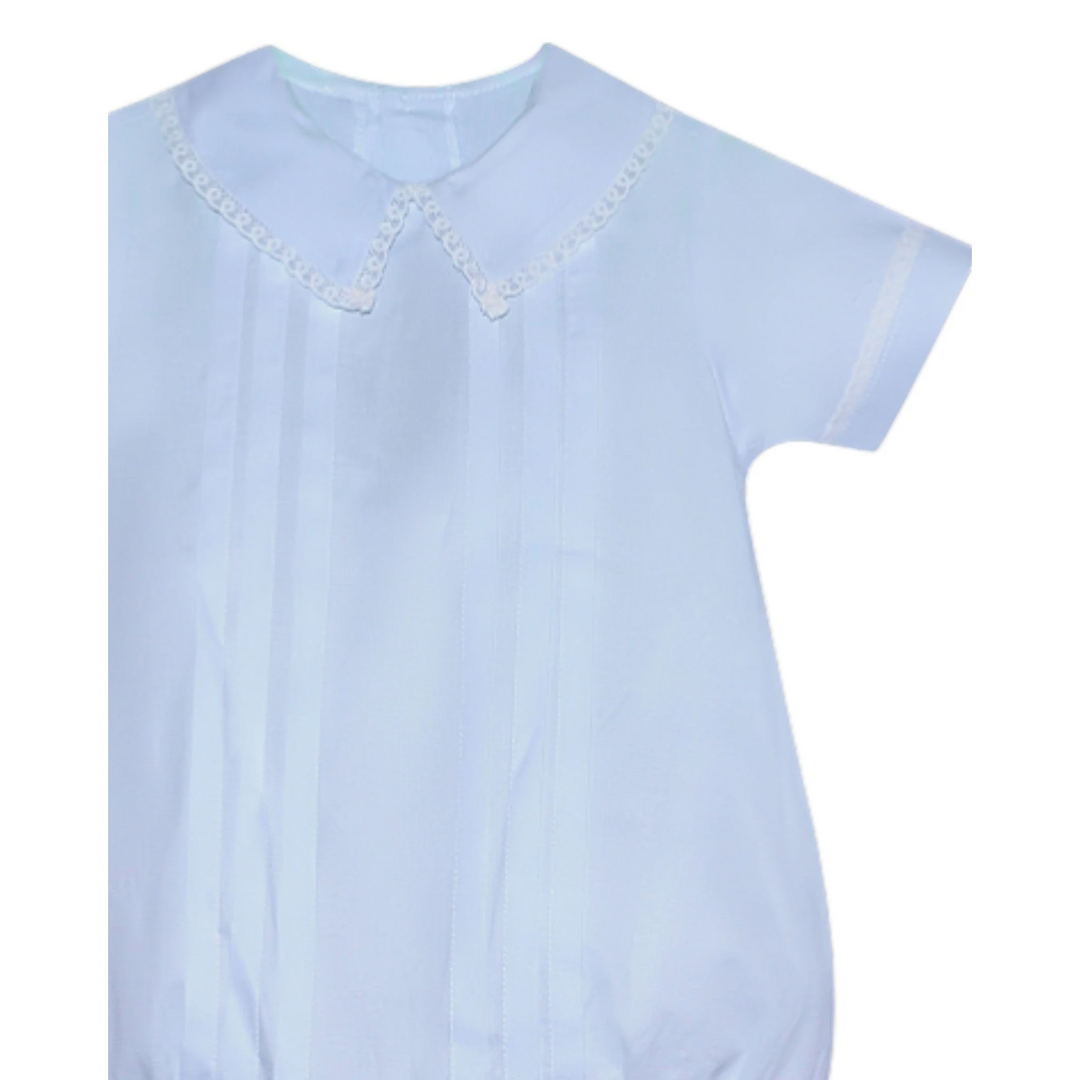 That Store Tucker blue baby bubble with white lace Peter Pan collar and vertical pleat detailing