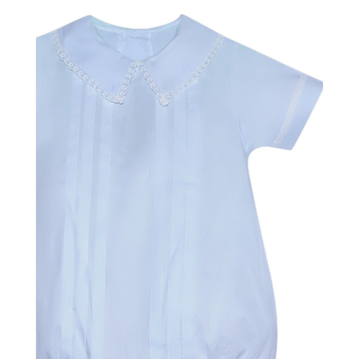 That Store Tucker blue baby bubble with white lace Peter Pan collar and vertical pleat detailing