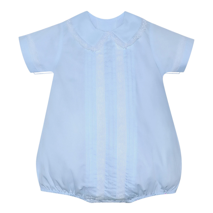 That Store Jack heirloom blue boys bubble with white lace collar and vertical lace trim for special occasions