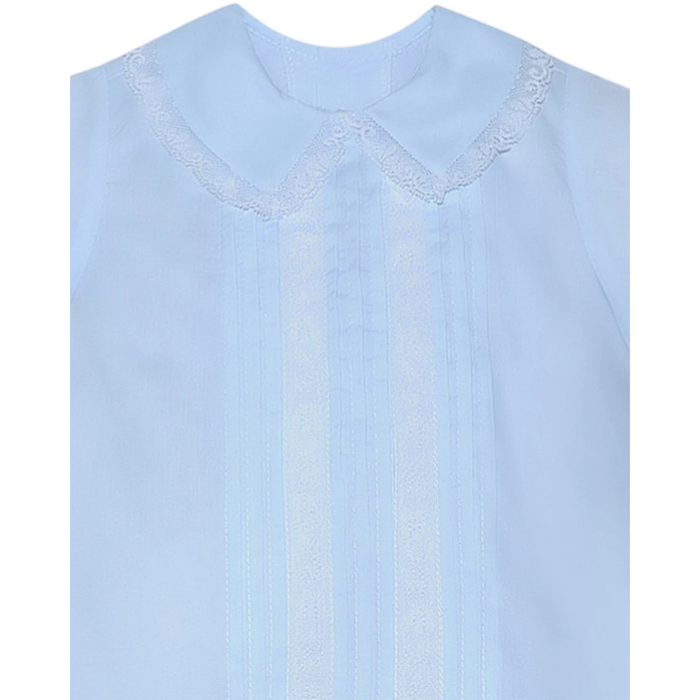 That Store Jack heirloom boys bubble in light blue with white lace collar and vertical lace trim detailing