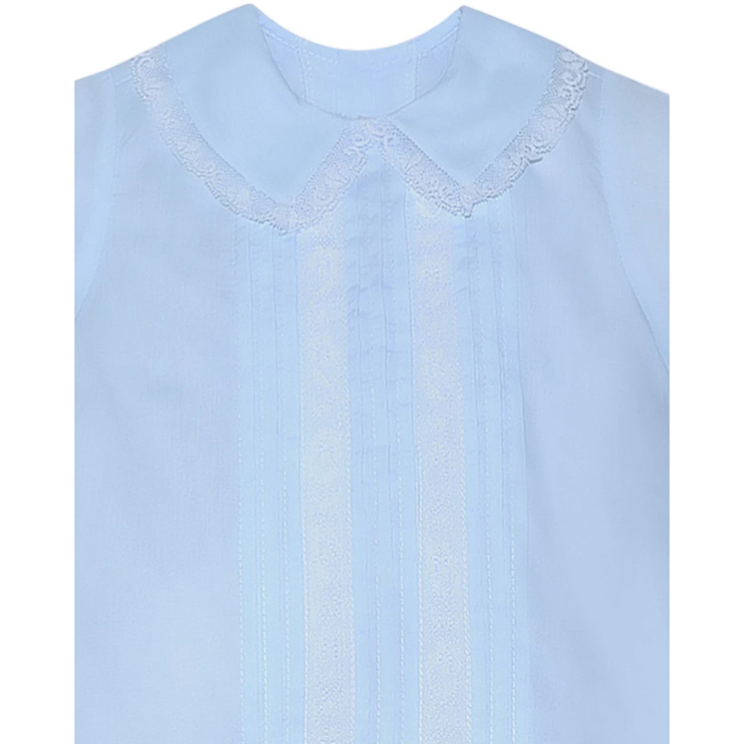 That Store Jack heirloom boys bubble in light blue with white lace collar and vertical lace trim detailing