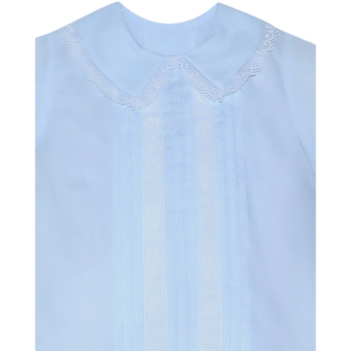 That Store Jack heirloom boys bubble in light blue with white lace collar and vertical lace trim detailing