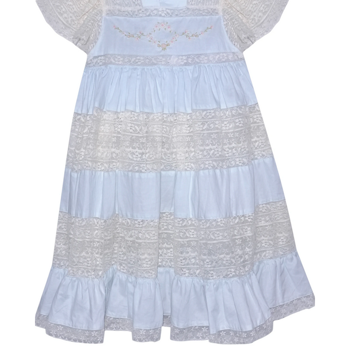 That Store Mary Frances blue cotton heirloom dress with intricate ecru lace panels and floral embroidery details.