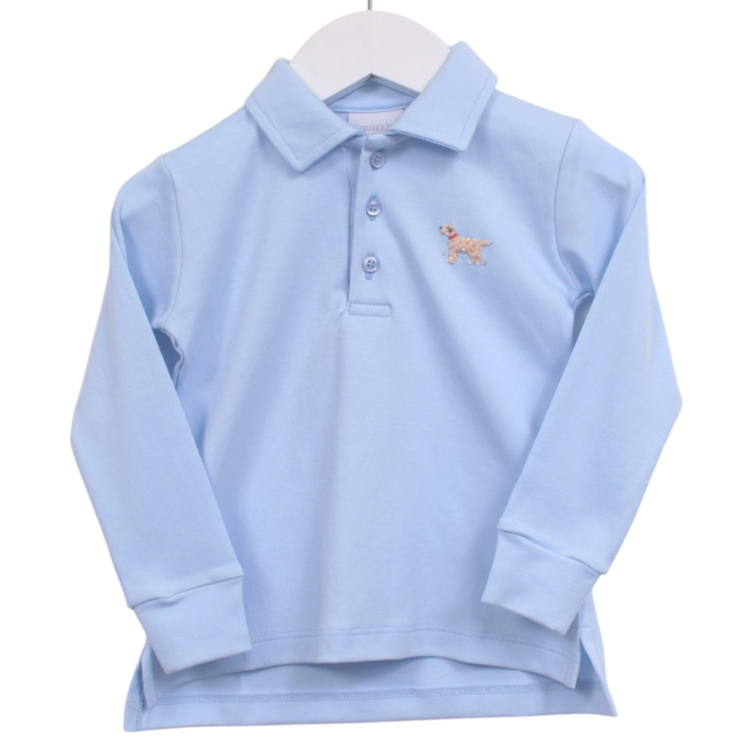 That Store boys light blue long sleeve polo shirt with a small embroidered dog detail on the chest.