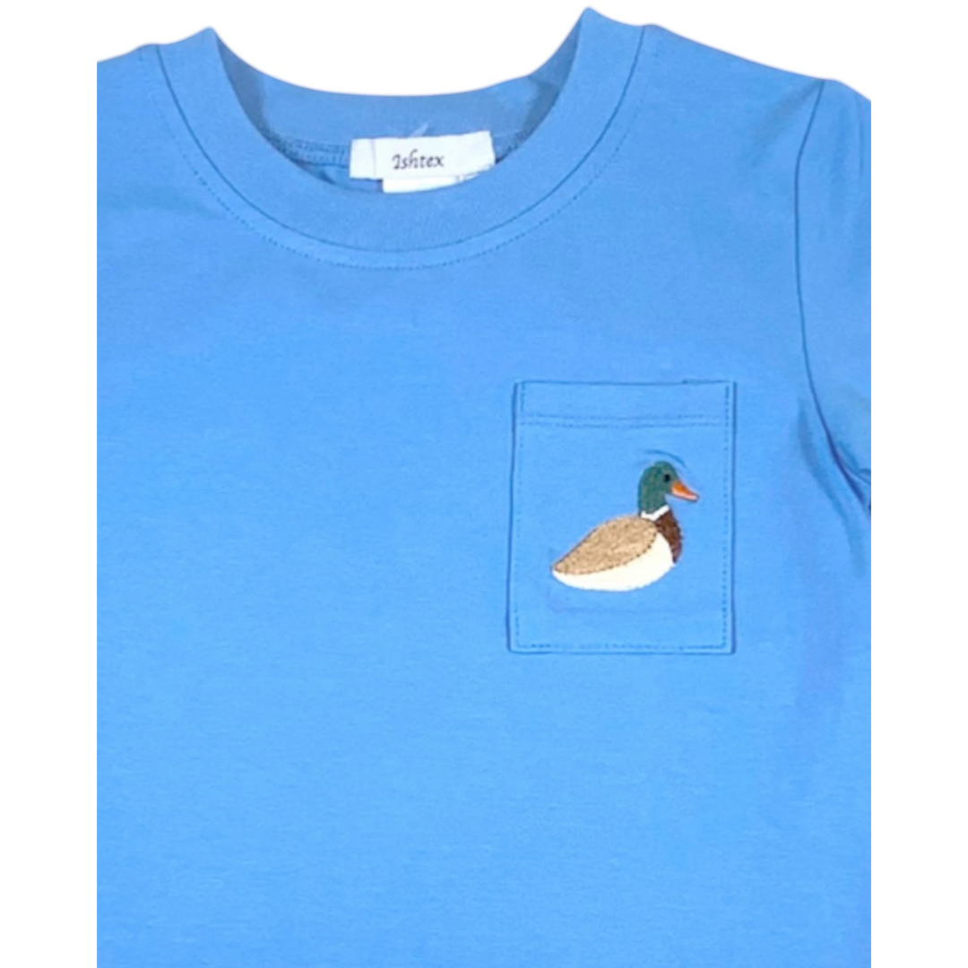 That Store blue cotton boys t-shirt with a mallard duck embroidered on the chest pocket