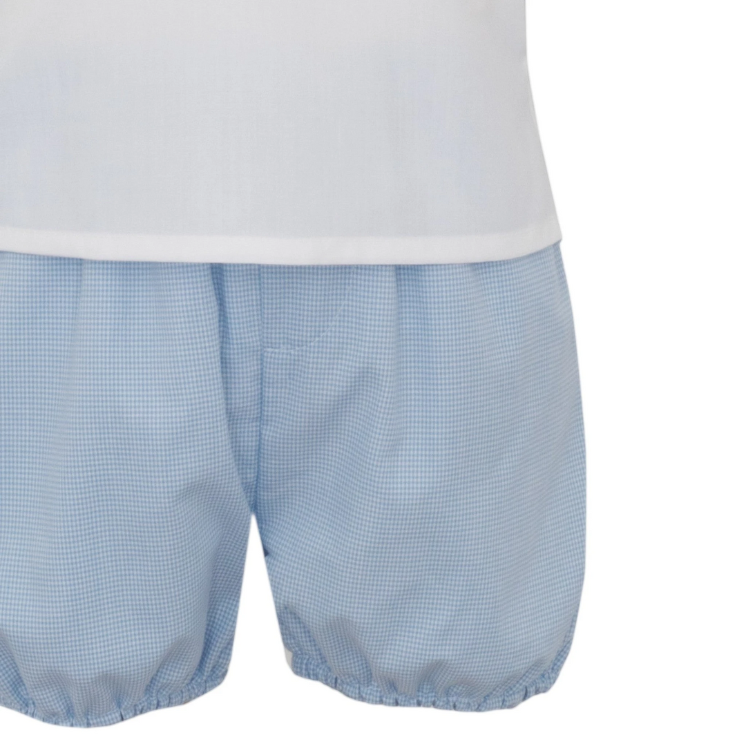 That Store boys blue micro check diaper set with smocked mallard details and comfortable elasticated leg openings.