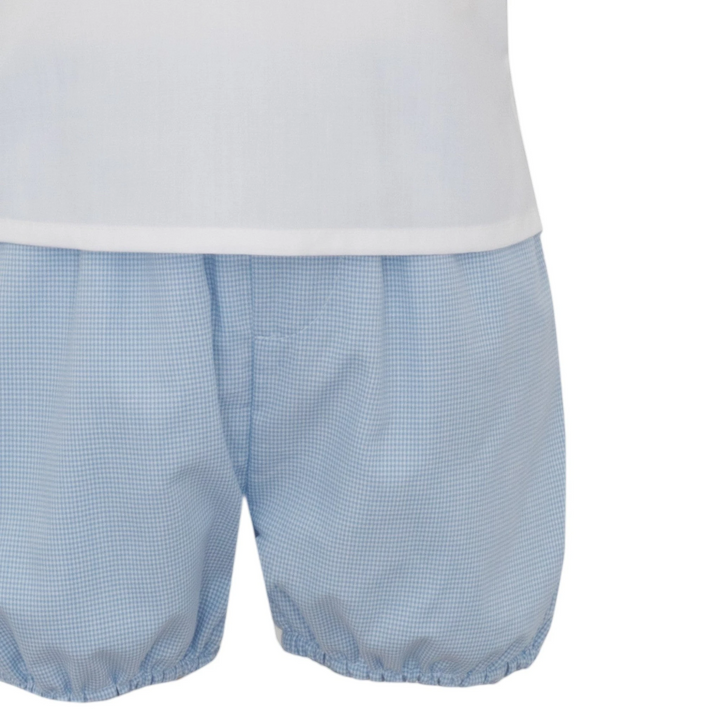 That Store boys blue micro check diaper set with smocked mallard details and comfortable elasticated leg openings.