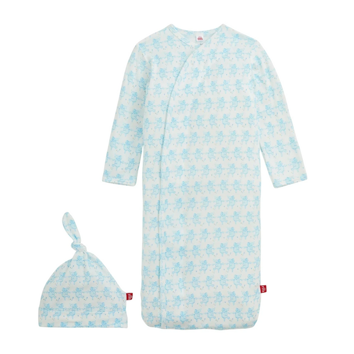 That Store blue modal newborn gown and matching knotted hat set with magnetic closures and cute character print