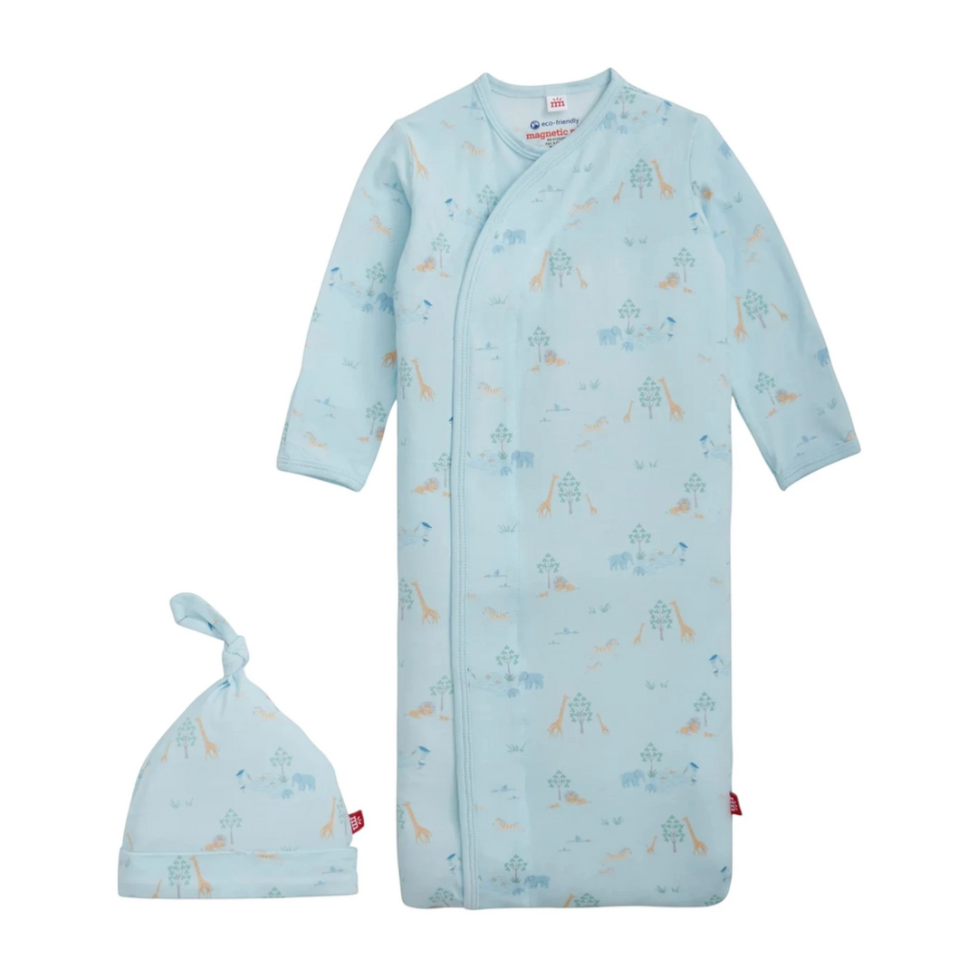 That Store blue modal newborn gown and hat set with safari animal print and magnetic closures for easy dressing.