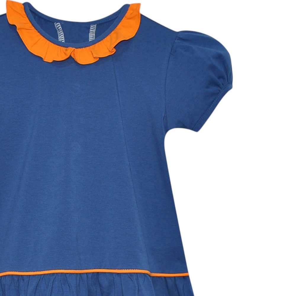 That Store blue and orange knit dress with a ruffled collar and drop waist design for girls.