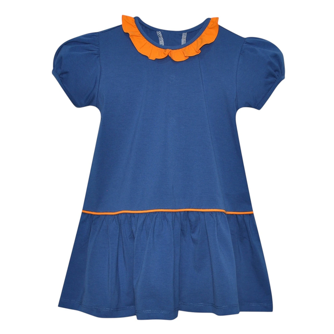 That Store blue and orange knit drop waist dress with a ruffled collar for girls