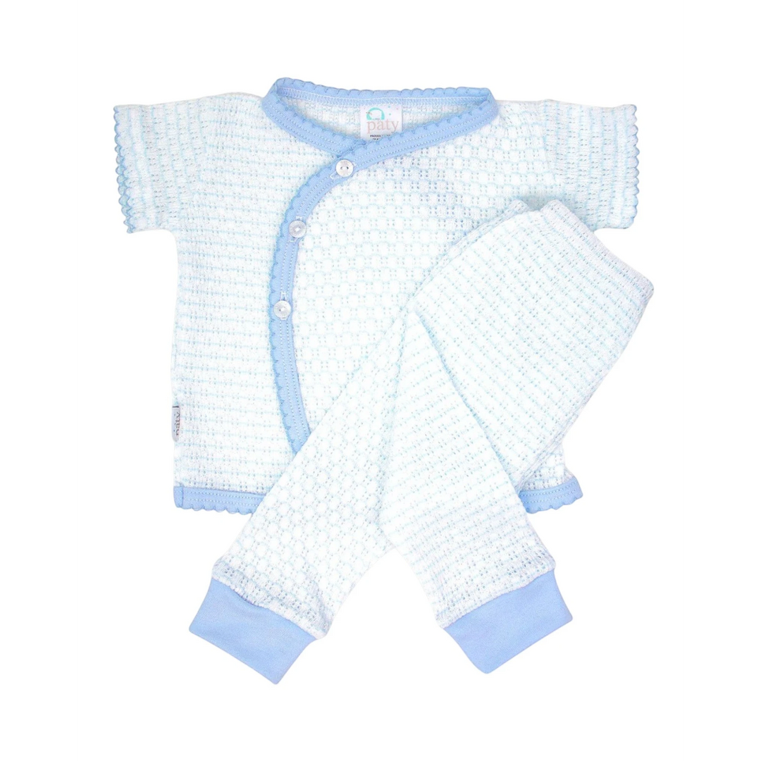 That Store newborn boy kimono set in white and blue Paty knit with Pima cotton trim and scalloped edges