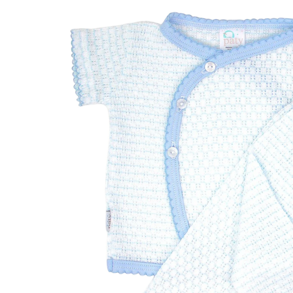 That Store newborn boy kimono set in white and blue Paty knit with scalloped trim and button-front closure.