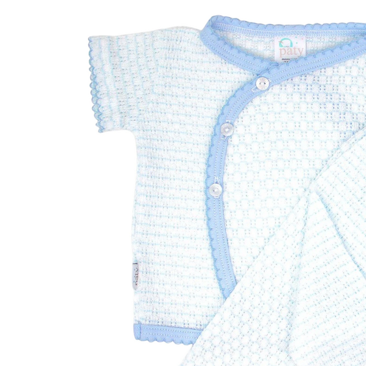 That Store newborn boy kimono set in white and blue Paty knit with scalloped trim and button-front closure.
