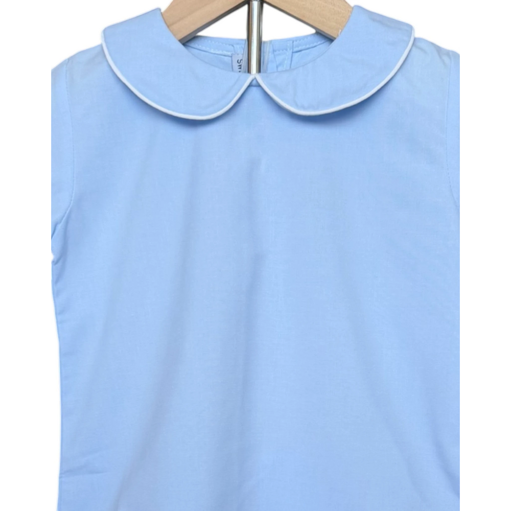 That Store blue short set featuring a classic Peter Pan collar with white piping in a cotton-polyester blend.