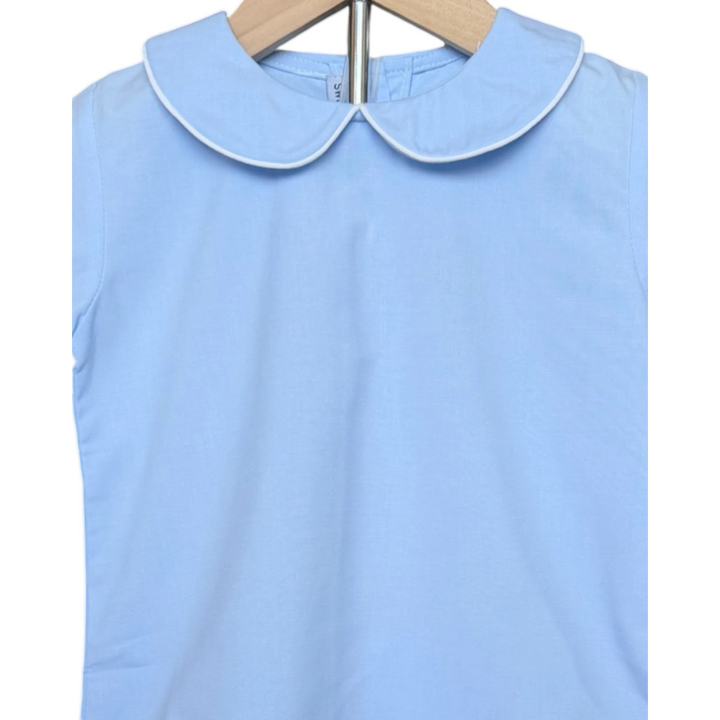 That Store blue short set featuring a classic Peter Pan collar with white piping in a cotton-polyester blend.