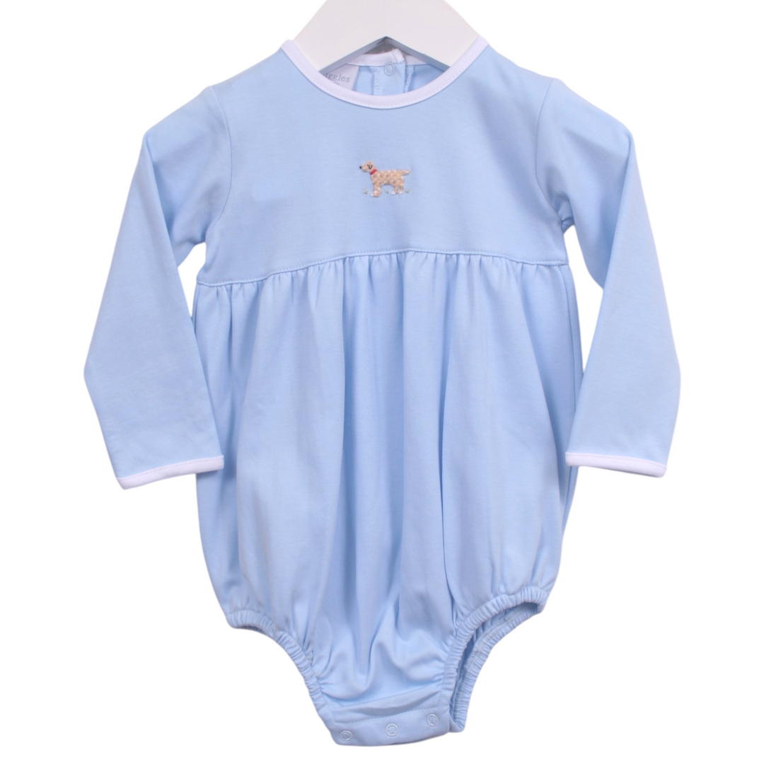That Store blue Pima cotton boys bubble featuring a Mini Winston dog embroidery and white trim details.
