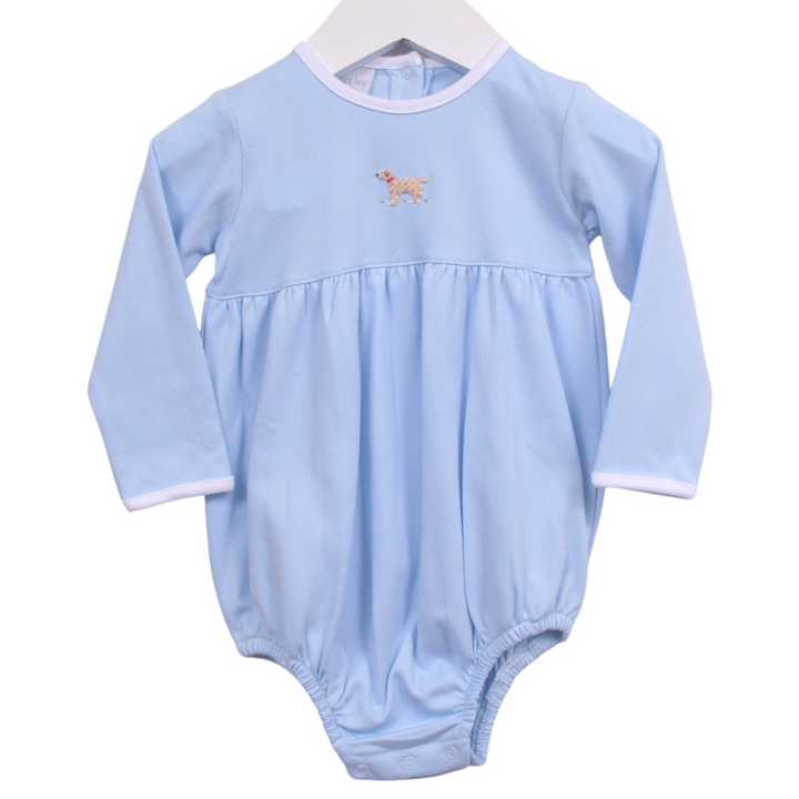 That Store blue Pima cotton boys bubble featuring a Mini Winston dog embroidery and white trim details.