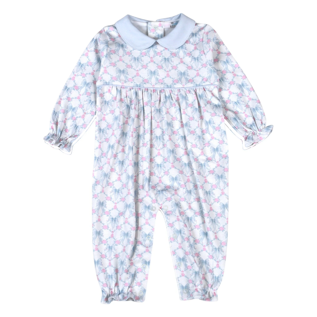 That Store girls romper in soft Pima cotton featuring a blue bow and pink rose trellis print with a peter pan collar.