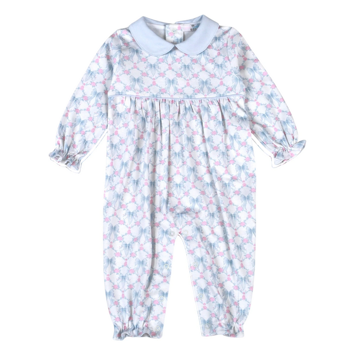That Store girls romper in soft Pima cotton featuring a blue bow and pink rose trellis print with a peter pan collar.