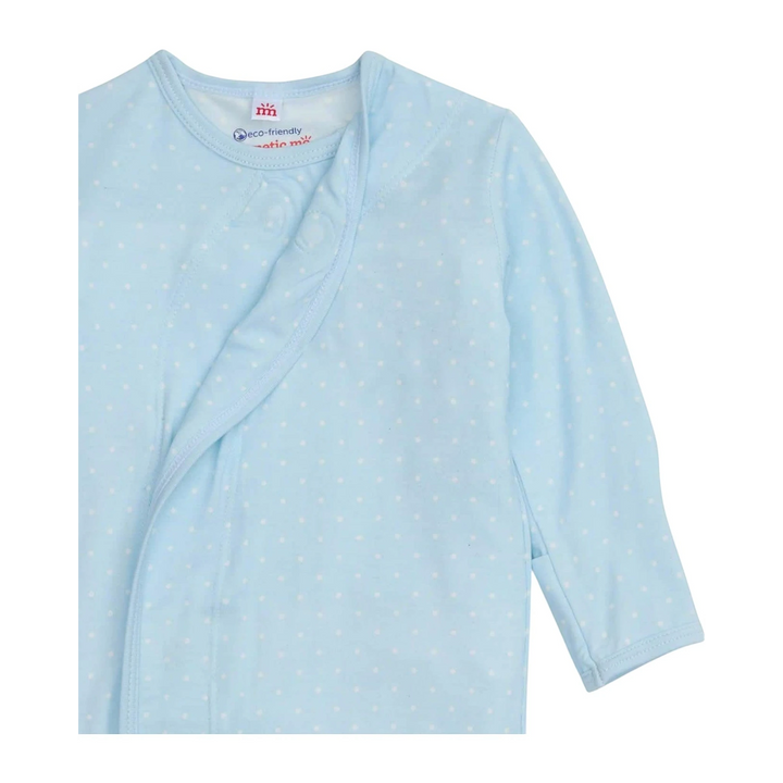That Store light blue modal baby gown with white pin dot pattern and magnetic closure detail