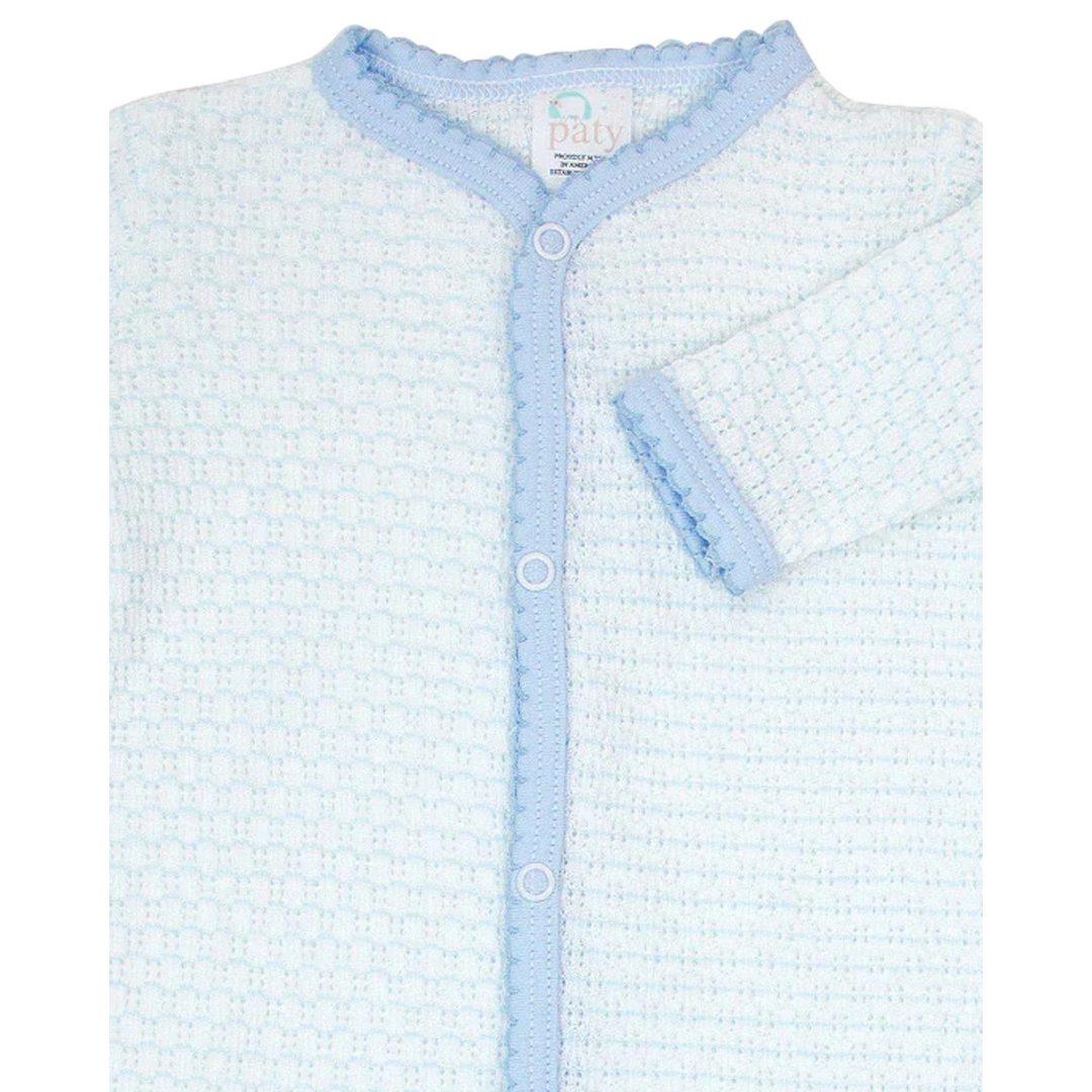 That Store blue pinstripe Paty knit boys footie with soft pima cotton trim and snap button front closure