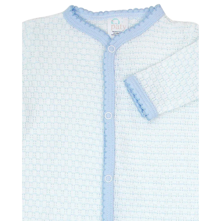 That Store blue pinstripe Paty knit boys footie with soft pima cotton trim and snap button front closure
