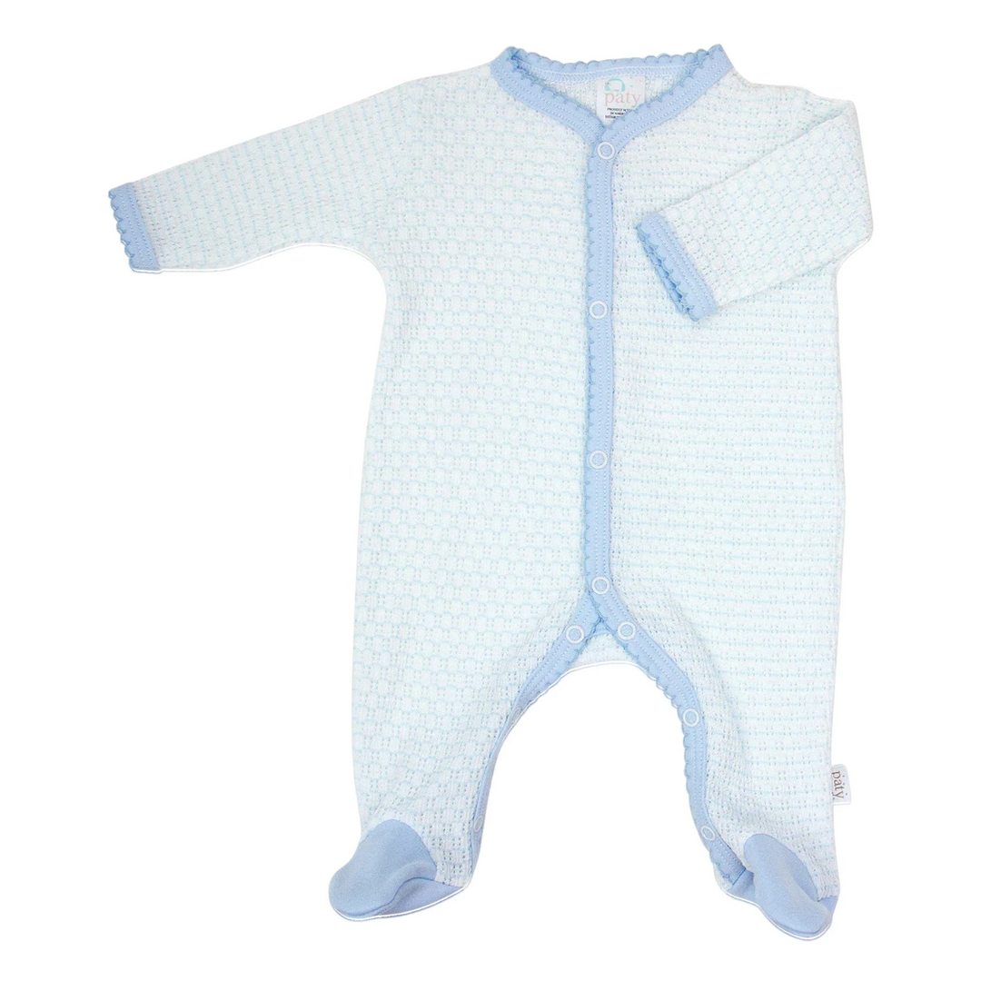 That Store blue pinstripe Paty knit baby footie with soft pima cotton trim and snap front closure