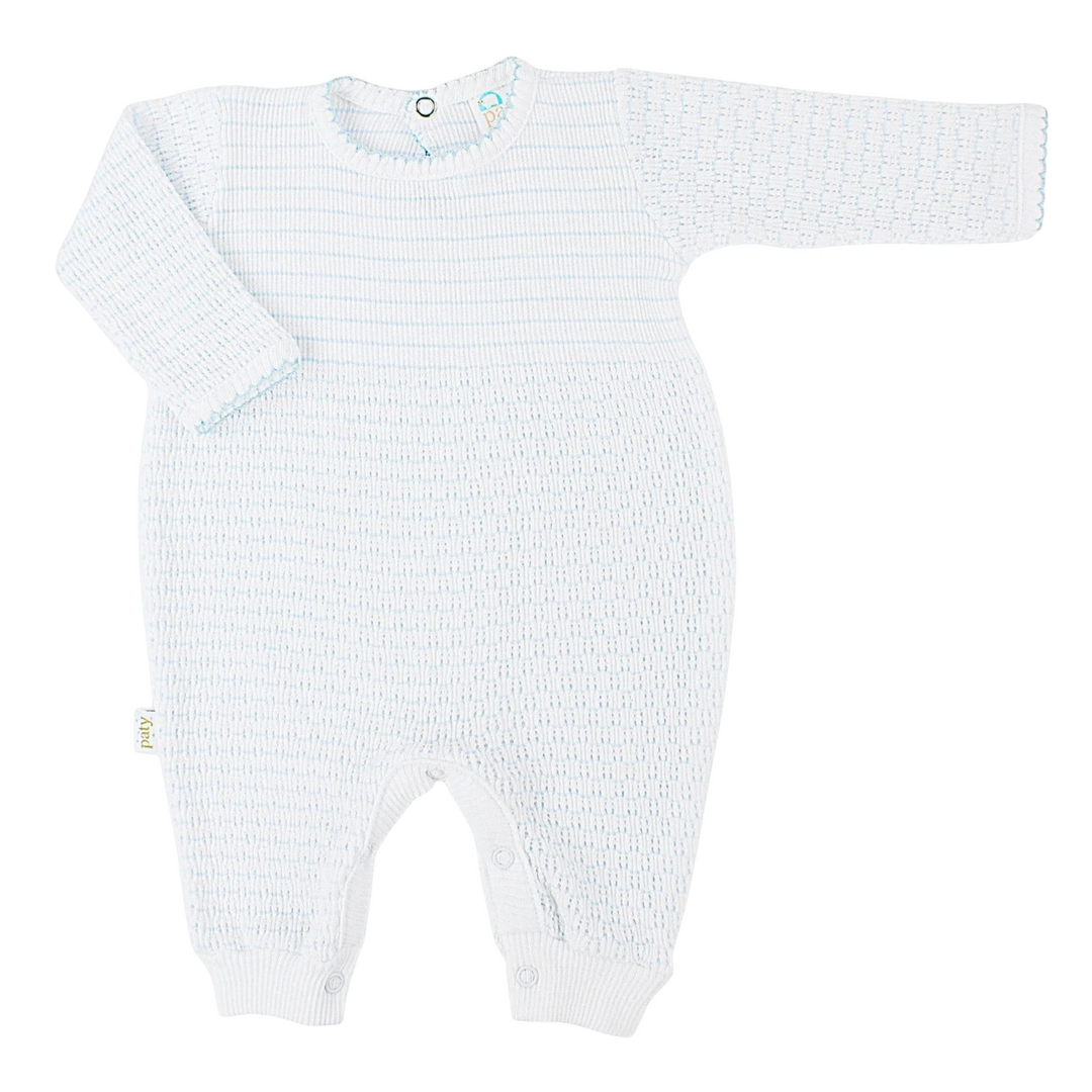 That Store baby romper in blue and white pinstripe Paty Knit fabric with scalloped trim and snap closures.