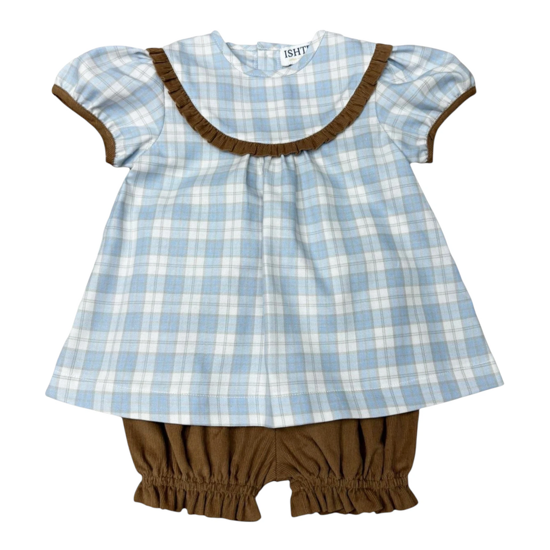 That Store blue plaid girls bloomer set with brown ruffle trim and puff sleeves in a cotton-poly blend fabric.